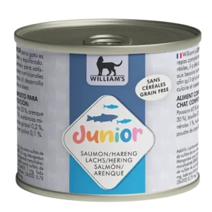 Alimentation complète humide Optimal pour chaton, sous forme de pâtée de la marque William's, au saumon et au hareng, naturel et sans céréales, au poids de 200 grammes.